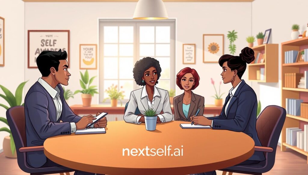 A serene, inviting workspace depicting self-awareness activities: In the foreground, a diverse group of three individuals, dressed in professional business attire, engage in a focused discussion around a circular wooden table. Each participant has notebooks and pens, showcasing their active engagement in personal growth. In the middle ground, a large window lets in soft, natural light, illuminating the space filled with potted plants and motivational artwork. The background features a cozy bookshelf with self-help books and calming decor. The atmosphere is tranquil and supportive, with a warm color palette emphasizing a sense of community and focus. Capture this scene with a soft depth of field, using a 50mm lens to highlight the subjects while gently blurring the background elements. Include the brand name "nextself.ai" subtly integrated into the design. A serene, inviting workspace depicting self-awareness activities: In the foreground, a diverse group of three individuals, dressed in professional business attire, engage in a focused discussion around a circular wooden table. Each participant has notebooks and pens, showcasing their active engagement in personal growth. In the middle ground, a large window lets in soft, natural light, illuminating the space filled with potted plants and motivational artwork. The background features a cozy bookshelf with self-help books and calming decor. The atmosphere is tranquil and supportive, with a warm color palette emphasizing a sense of community and focus. Capture this scene with a soft depth of field, using a 50mm lens to highlight the subjects while gently blurring the background elements. Include the brand name "nextself.ai" subtly integrated into the design.