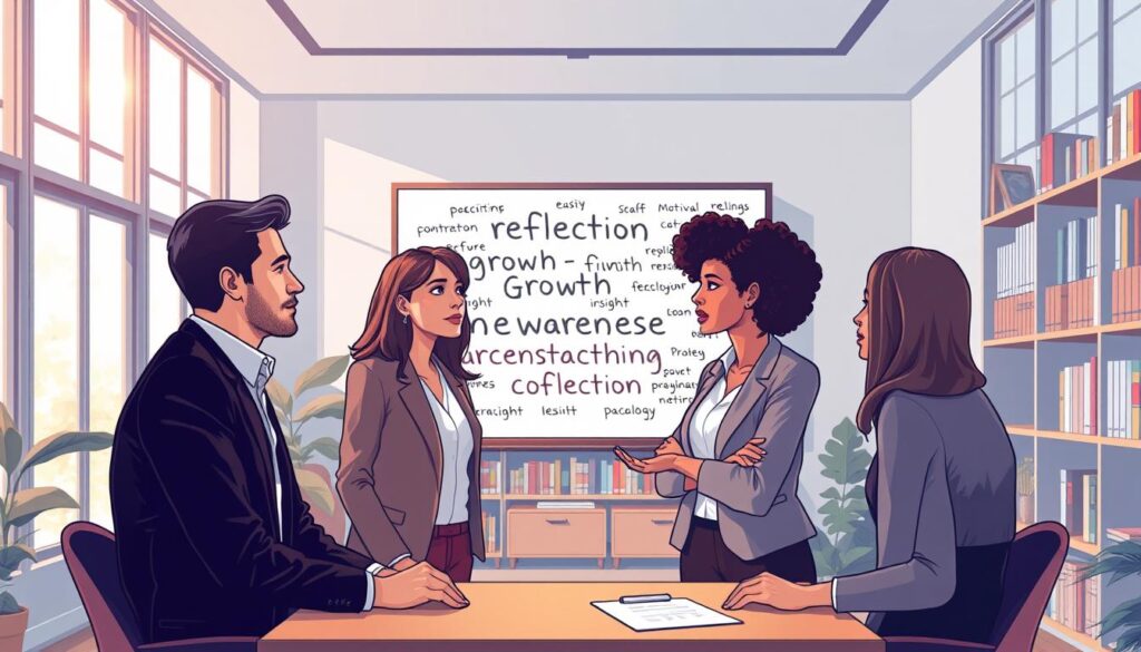 A tranquil office setting filled with soft, natural light filtering through large windows. In the foreground, a diverse group of four professionals – two men and two women – are engaged in deep, thoughtful discussion, dressed in smart casual attire. Their expressions reflect focus and engagement, embodying the concept of self-awareness. In the middle ground, a large whiteboard is filled with keywords like "reflection," "growth," "insight," and "understanding," symbolizing the elements of self-awareness. In the background, shelves lined with books on personal development and psychology further enhance the theme. The composition uses a wide-angle lens to capture the collaborative atmosphere, while a warm color palette creates a welcoming, inspiring mood. The overall feel is motivational and reflective, embodying the essence of self-awareness practices. nextself.ai A tranquil office setting filled with soft, natural light filtering through large windows. In the foreground, a diverse group of four professionals – two men and two women – are engaged in deep, thoughtful discussion, dressed in smart casual attire. Their expressions reflect focus and engagement, embodying the concept of self-awareness. In the middle ground, a large whiteboard is filled with keywords like "reflection," "growth," "insight," and "understanding," symbolizing the elements of self-awareness. In the background, shelves lined with books on personal development and psychology further enhance the theme. The composition uses a wide-angle lens to capture the collaborative atmosphere, while a warm color palette creates a welcoming, inspiring mood. The overall feel is motivational and reflective, embodying the essence of self-awareness practices. nextself.ai
