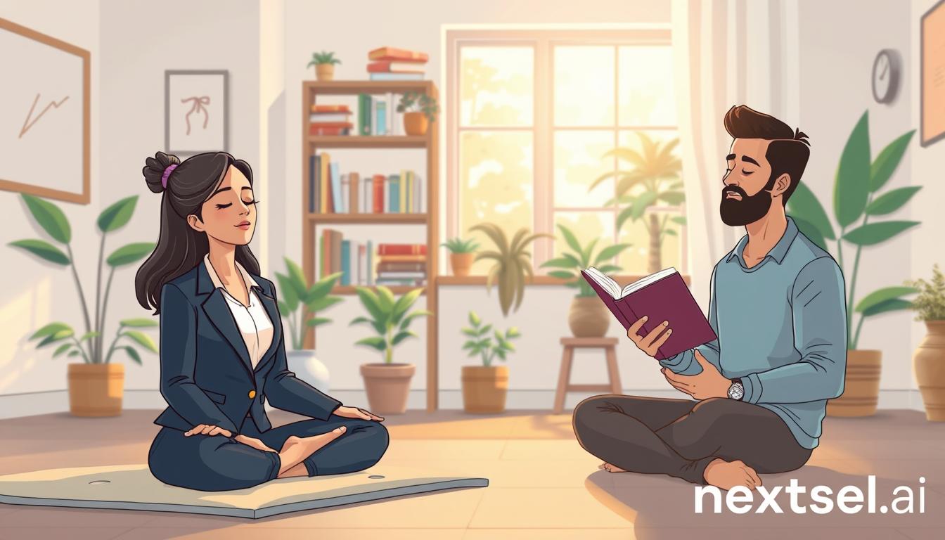 A calm room with two people, one practising mindfulness and one reading, lit by warm window light.
